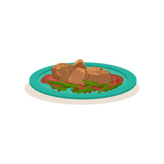 Pork stir fry with green beans. Appetizing Malaysian dish. Traditional Asian food. Flat vector icon