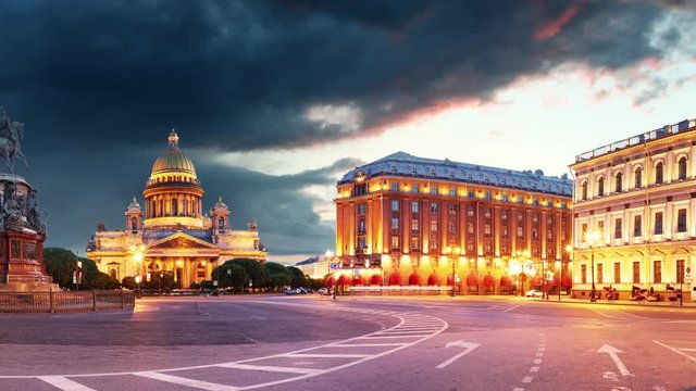 Time lapse of Saint Petersburg night city skyline with Isaac Cathedral, Russia