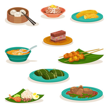 Flat vector set of traditional Malaysian dishes. Sweet desserts and snacks. Asian food
