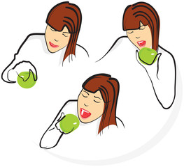 Cartoon girl bites a green apple, mouth open with beautiful white teeth.