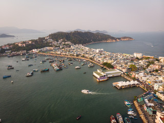 Aerial view of the Cheung Chau island, with its harbor, in Hong Kong, China