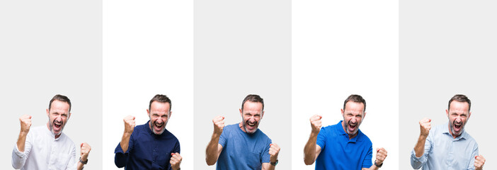 Collage of middle age senior hoary man over isolated background very happy and excited doing winner gesture with arms raised, smiling and screaming for success. Celebration concept.