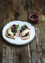 Blackberry jam with vegan cream cheese on toast