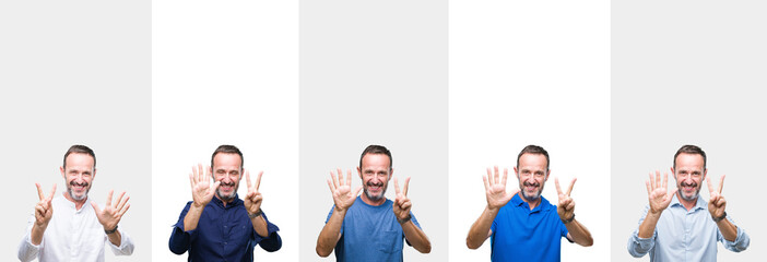 Collage of middle age senior hoary man over isolated background showing and pointing up with fingers number seven while smiling confident and happy.