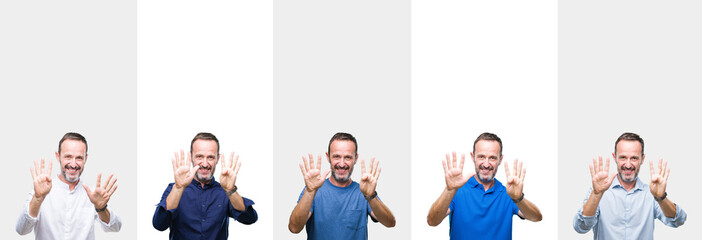 Collage of middle age senior hoary man over isolated background showing and pointing up with fingers number nine while smiling confident and happy.