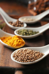 Spoons with different aromatic spices on wooden board, closeup