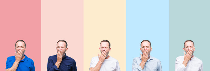 Fototapeta premium Collage of senior hoary handsome man over colorful stripes isolated background bored yawning tired covering mouth with hand. Restless and sleepiness.