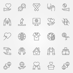 Charity and Donation outline concept icons set. Donate vector concept symbols in thin line style