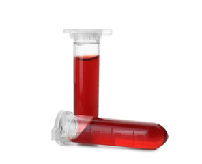 Test tubes with blood samples on white background