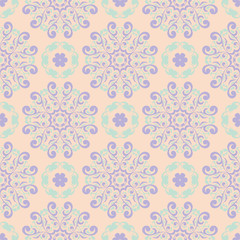 Floral seamless pattern. Beige background with violet and blue flower elements