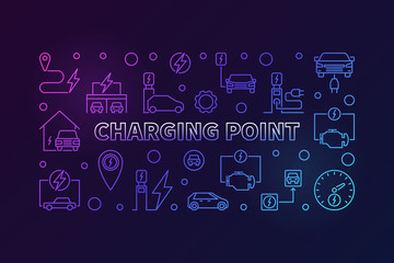 Charging point colored linear illustration - vector EV charge point concept horizontal banner on dark background