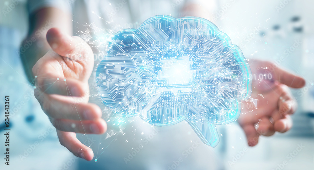 Poster businessman creating artificial intelligence in a digital brain 3d rendering