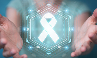 Businesswoman using digital ribbon cancer interface 3D rendering © sdecoret