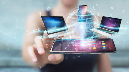 Modern devices connected in businesswoman hand 3D rendering