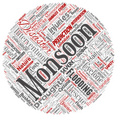 Vector conceptual monsoon dangerous weather round circle red meteorology word cloud isolated background. Collage of tropical dramatic storm force, strong wind blowing, rain hail thunderstorm concept