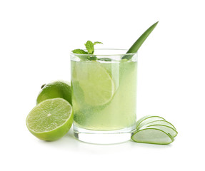 Glass of healthy aloe cocktail on white background