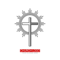 Church logo. Christian symbols. Cross of the Savior Jesus Christ shining