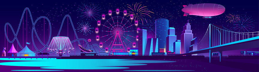Vector urban concept background with night city illuminated with neon glowing lights. Festive cityscape with modern buildings, skyscrapers, amusement park with ferris wheel and firework on river bank - obrazy, fototapety, plakaty