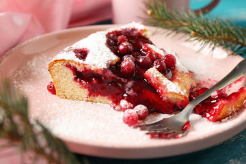 Piece of cranberry Christmas pie on plate, closeup