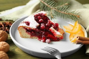 Piece of cranberry Christmas pie on plate