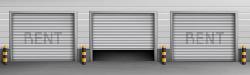 Vector exterior concept background with garage boxes for rent, storage rooms for car parking. Warehouse entrances with open and closed roll shutters, hangar for repair service with metal doorway