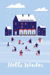 Illustration with the image of people on background of souvenir shop. Characters walk with children or carry gifts. Festive composition for New Year and Christmas. Vector colorful seasonal images.