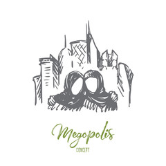 Megopolis, Muslims, Islam, friends, hijab concept. Hand drawn isolated vector.