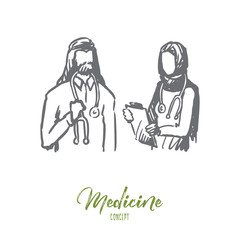 Doctor, nurse, Islam, medicine, clinic concept. Hand drawn isolated vector.