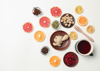 Ingredients for tasty mulled wine on white background