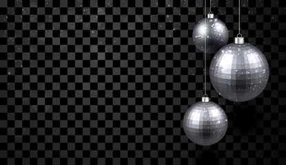 Christmas and New Year card with silver Christmas balls on transparent background.