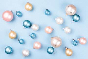 Christmas background with Christmas balls on blue background. New year concept.