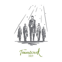 Teamwork, together, leadership, recruiting, human resources concept. Hand drawn isolated vector.