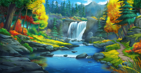 Het watervalbos. Fictie achtergrond. Concept kunst. Realistische illustratie. Videogame digitaal CG-kunstwerk. Natuur landschap.