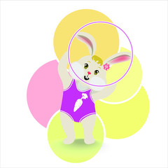 Bunny gymnast in pink shape with a Hoop, on an abstract background of circles