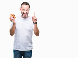 Middle age hoary senior man eating pizza slice over isolated background surprised with an idea or question pointing finger with happy face, number one