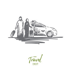 Travel, man, woman, business, Islam concept. Hand drawn isolated vector.