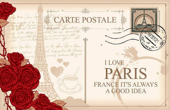 Retro postcard with Eiffel tower in Paris, France. Romantic vector postcard in vintage style with red roses, postmark and words I love Paris on the background of old manuscript with spots