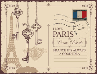 Naklejka premium Pocztówka retro z wieżą Eiffla w Paryżu, Francja. Wektor pocztówka w stylu vintage ze starymi kluczami i dziurkami od klucza, ze słowami, które kocham Paryż i umieść tekst na beżowym tle z pieczątką