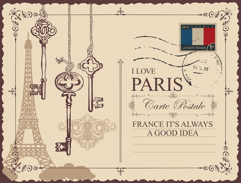 Retro postcard with Eiffel tower in Paris, France. Vector postcard in vintage style with old keys and keyholes, with words I love Paris and place for text on beige background with rubber stamp