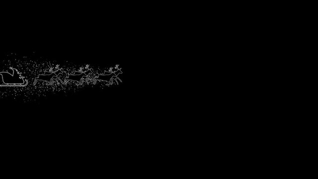 Silhouette christmas santa claus flying by on reindeer. Black background