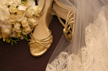wedding bouquet flowers bride and bridal shoes