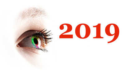Colorful rainbow female eye and colored 2019 splashing