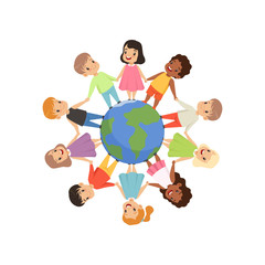 Little kids of different nationalities standing and holding hands around the Earth globe, friendship, unity concept vector Illustration on a white background