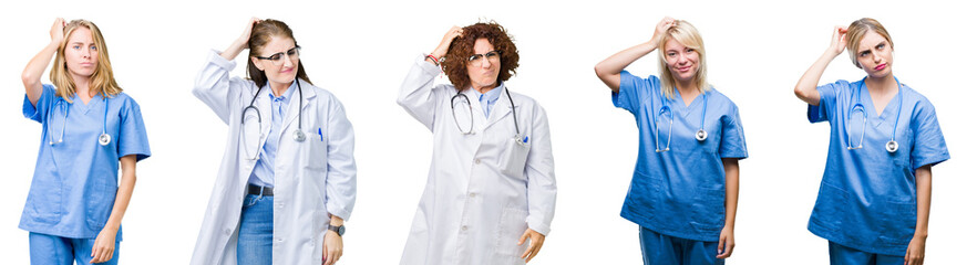 Collage of group of professional doctor women over white isolated background confuse and wonder about question. Uncertain with doubt, thinking with hand on head. Pensive concept.