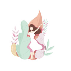 Romantic girl with standing next to giant leaves, faceless young woman in beautiful nature vector Illustration on a white background