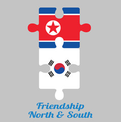 Jigsaw puzzle of North Korea flag and South Korea flag with text: Friendship North & South. Concept of Friendly or good compatibility between both countries.