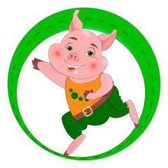 Pink pig runs in the green wheel