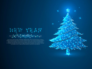 New year tree made from lines, triangles, point connecting network on blue background. Holiday wireframe concept. Low-poly Vector polygonal illustration