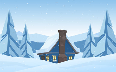 Cartoon cute house on Winter christmas mountains landscape background.