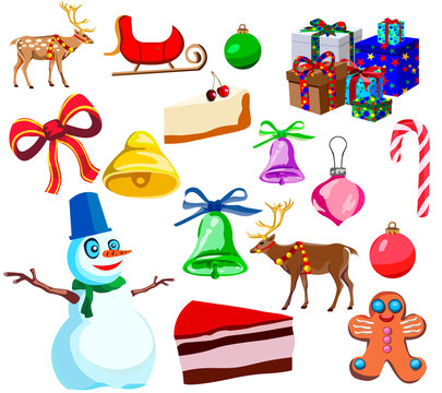 Set for happy Christmas and new year, cartoon icons and illustrations